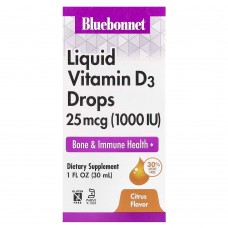 Bluebonnet Nutrition, жидкий витамин D3 в каплях, цитрус, 25 мкг (1000 МЕ), 30 мл (1 жидк. унция)
